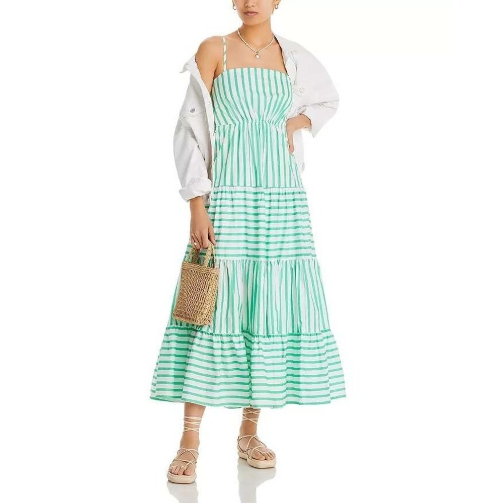 AQUA Cotton Tiered Maxi Dress Medium Green Stripe Square Neck Sleeveless Resort - Picture 4 of 14